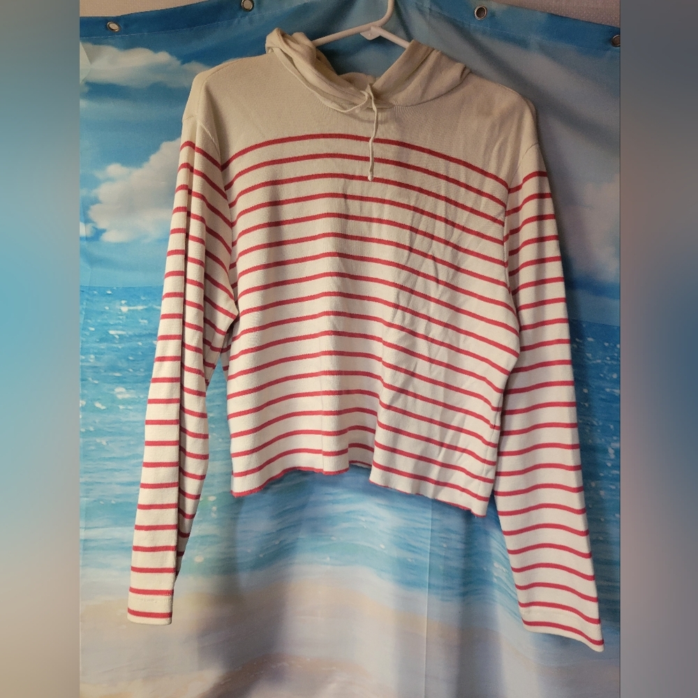 L.L.Bean Women's Striped Crop Hoodie Sweatshirt Size XL‎